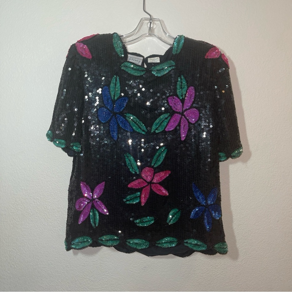 Vintage Women's Medium Stenay Multi Floral Silk Beaded All Over Sequin Blouse